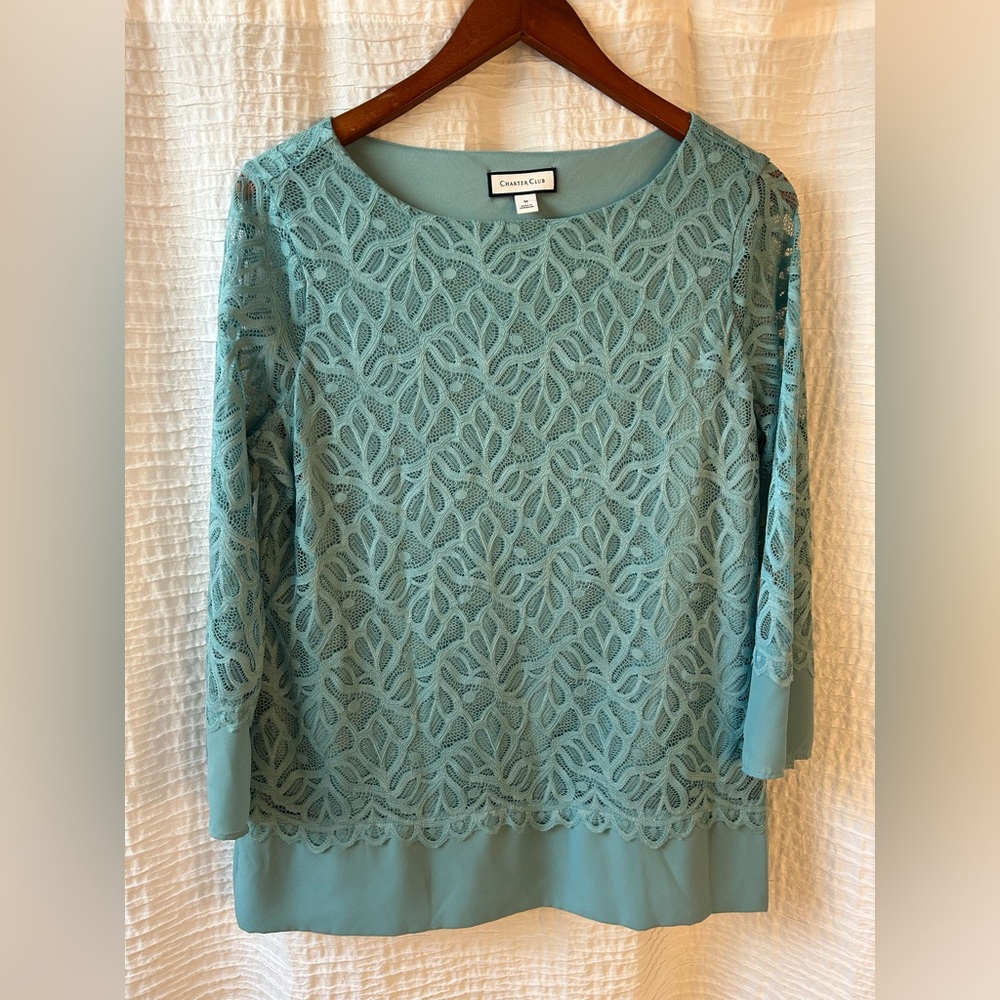 Charter Club Teal Lace Overlay Blouse